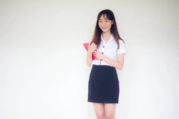 Portrait Thai Adulte Étudiant Uniforme Universitaire Belle Fille Livre Rouge — Photo