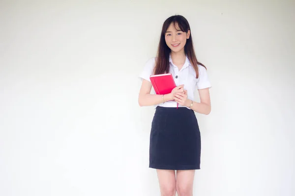 Ritratto Thai Adulto Studente Università Uniforme Bella Ragazza Letto Rosso — Foto Stock
