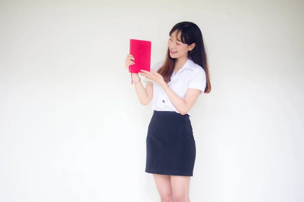 Retrato Tailandês Adulto Estudante Universidade Uniforme Bela Menina Ler Livro — Fotografia de Stock