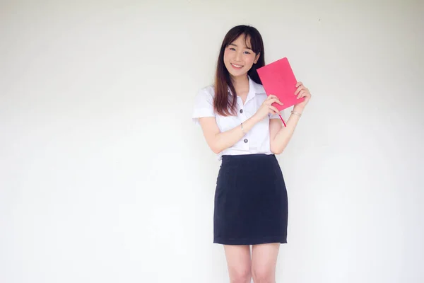 Ritratto Thai Adulto Studente Università Uniforme Bella Ragazza Letto Rosso — Foto Stock