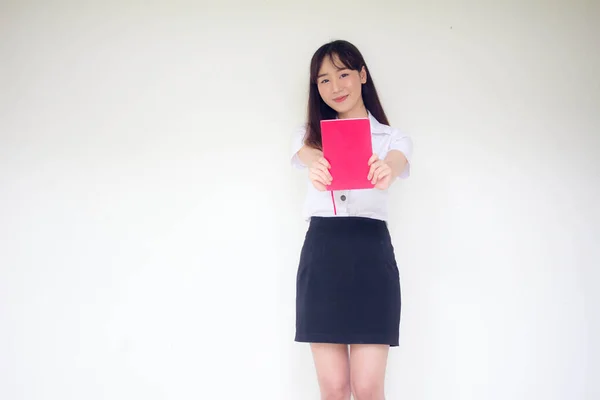 Portrait Thai Adulte Étudiant Uniforme Universitaire Belle Fille Livre Rouge — Photo