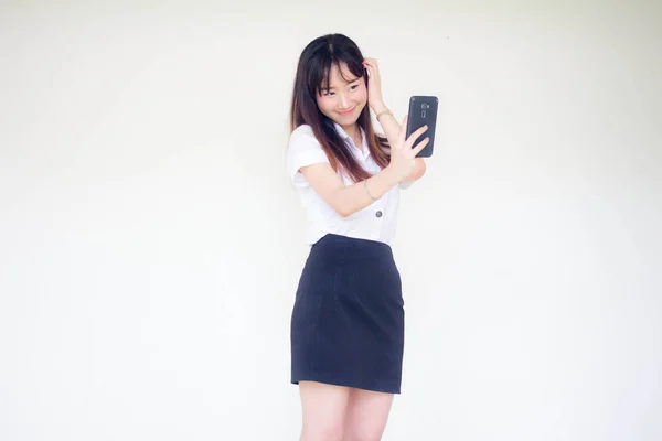 Portrait Thai Adult Student University Uniform Beautiful Girl Using Her — Stock Photo, Image