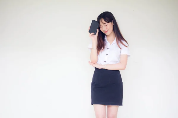 Porträt Der Thailändischen Erwachsenen Studentin Uniform Schöne Mädchen Zeigen Ihr — Stockfoto