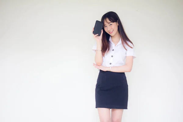 Portrait Thai Adult Student University Uniform Beautiful Girl Show Her — Stock Photo, Image