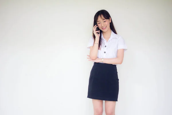 Porträtt Thai Vuxen Student Universitet Uniform Vacker Flicka Ringer Smart — Stockfoto