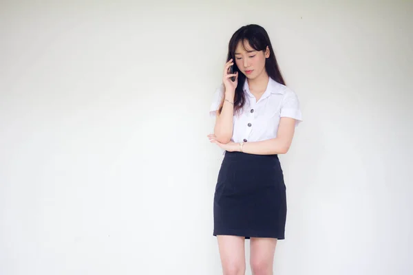 Portrait Thai Adult Student University Uniform Beautiful Girl Calling Smart — Stock Photo, Image