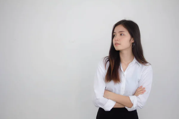 Retrato Tailandés China Adulto Oficina Chica Blanca Camisa Relajarse Sonreír — Foto de Stock