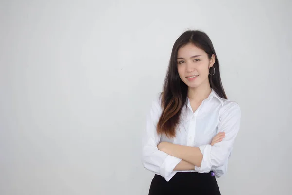 Портрет Тайського Китаю Дорослих Офісна Дівчина Біла Сорочка Розслабляється Посміхається — стокове фото