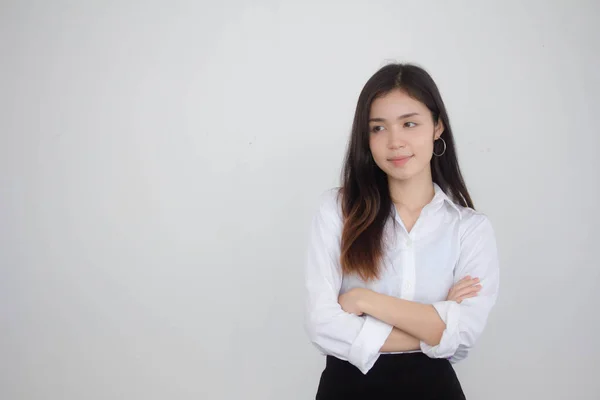 Retrato Tailandês China Adulto Escritório Menina Camisa Branca Relaxar Sorrir — Fotografia de Stock