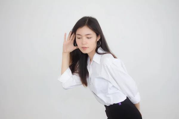 Retrato Mujer Trabajadora Tailandesa Camisa Blanca Escuchar —  Fotos de Stock