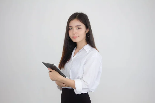 Retrato Tailandês China Adulto Escritório Menina Camisa Branca Usando Seu — Fotografia de Stock