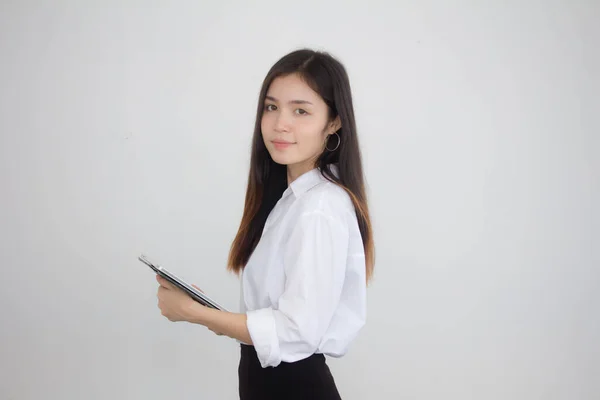 Retrato Tailandês China Adulto Escritório Menina Camisa Branca Usando Seu — Fotografia de Stock