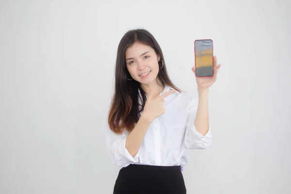 Portrét Thajského Porcelánu Dospělý Kancelář Dívka Bílá Košile Ukázat Její — Stock fotografie