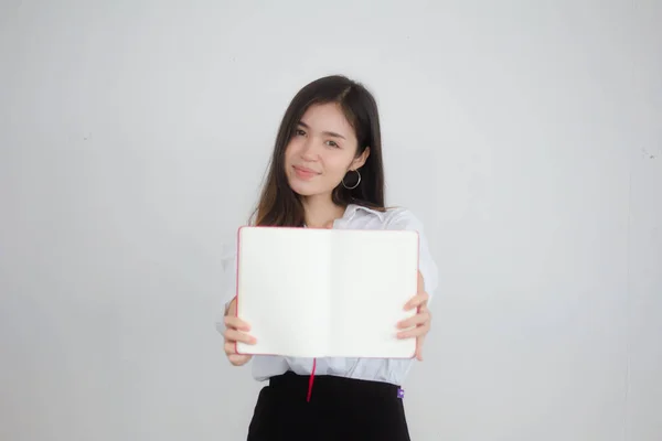 Πορτρέτο Του Thai Ενηλίκων Εργαζόμενες Γυναίκες Λευκό Πουκάμισο Δείχνουν Βιβλίο — Φωτογραφία Αρχείου
