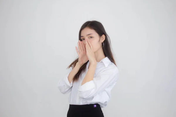 Portrait Von Erwachsenen Erwachsenen Thailändischen Arbeitenden Frauen Weißes Hemd Shout — Stockfoto