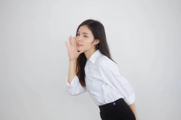 Retrato Tailandês Mulheres Trabalhadoras Adultas Camisa Branca Grito — Fotografia de Stock