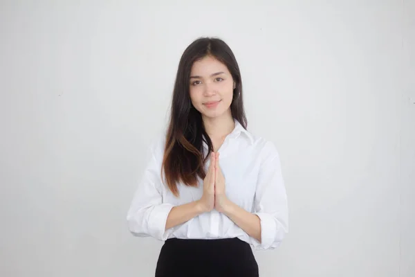 Retrato Tailandês Mulheres Trabalhadoras Adultas Camisa Branca Tailandês Pagar Respeito — Fotografia de Stock
