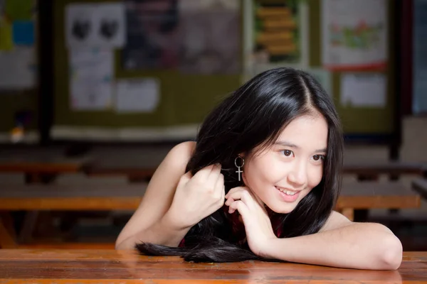 Portrait Thai Teen Beautiful Girl Chinese Dress Relax Smile — Stok Foto