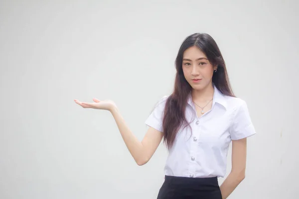 Taylandlı Yetişkin Öğrenci Üniformasının Portresi Güzel Kız Elini Göster — Stok fotoğraf