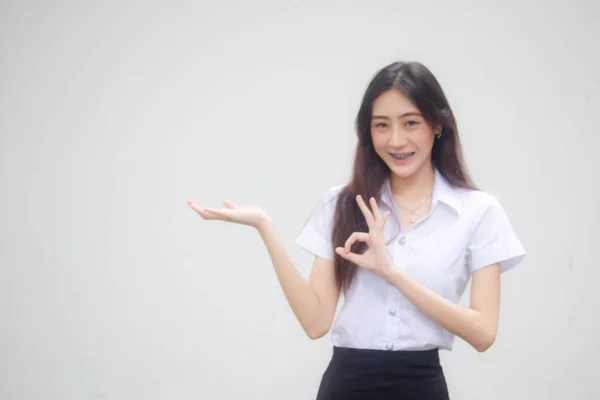 Portret Van Thai Volwassen Student Universiteit Uniform Mooi Meisje Show — Stockfoto