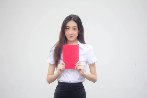 Retrato Tailandês Adulto Estudante Universidade Uniforme Bela Menina Mostrar Livro — Fotografia de Stock