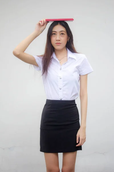 Portrét Thajské Dospělé Studentské Univerzity Uniforma Krásná Dívka Show Červená — Stock fotografie
