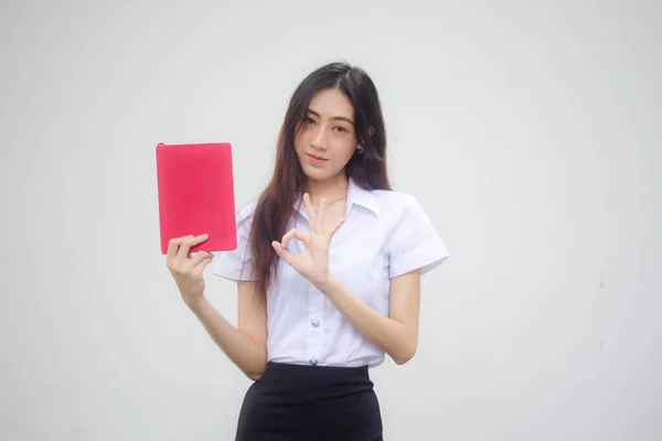 Retrato Tailandês Adulto Estudante Universidade Uniforme Bela Menina Mostrar Livro — Fotografia de Stock