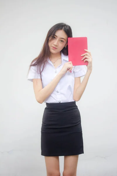 Ritratto Tailandese Adulto Studente Università Uniforme Bella Ragazza Spettacolo Rosso — Foto Stock