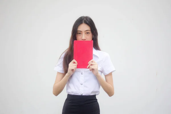 Retrato Tailandês Adulto Estudante Universidade Uniforme Bela Menina Mostrar Livro — Fotografia de Stock