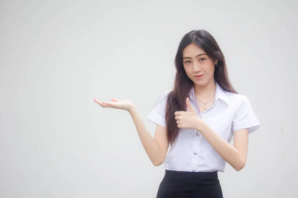 Retrato Tailandés Estudiante Adulto Universidad Uniforme Hermosa Chica Mostrar Mano —  Fotos de Stock