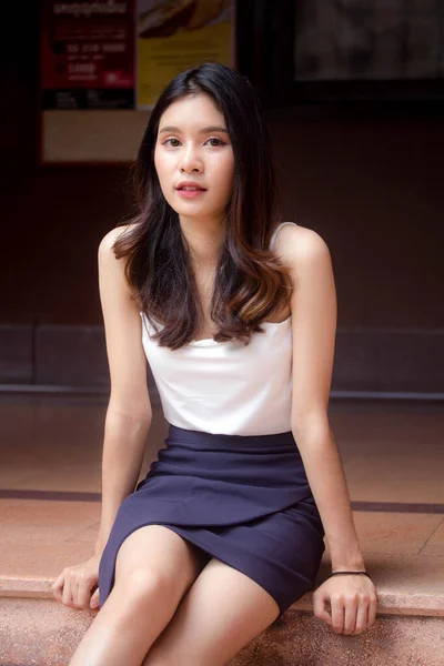 Portrait Thai China Adult Beautiful Girl White Shirt Relax Smile — Stock Photo, Image