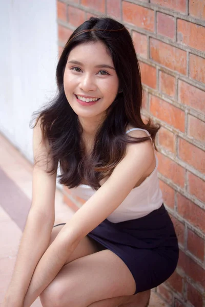Portrait Thai China Adult Beautiful Girl White Shirt Relax Smile — Stock Photo, Image