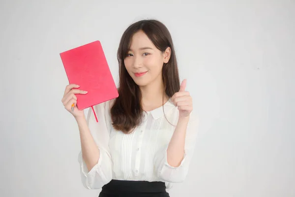 Portrait Thai Adult Working Women White Shirt Show Red Book — Stock Photo, Image