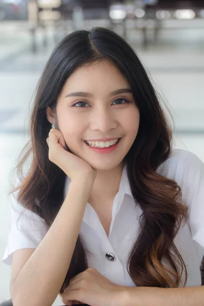 Portrait Thai Adult Student University Uniform Beautiful Girl Relax Smile — Stock Photo, Image