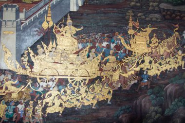 Bangkok, THAILAND - Ocak 01: 2018. Bangkok 'taki Zümrüt Buda' nın (Wat Phra Kaew) duvarındaki resim..