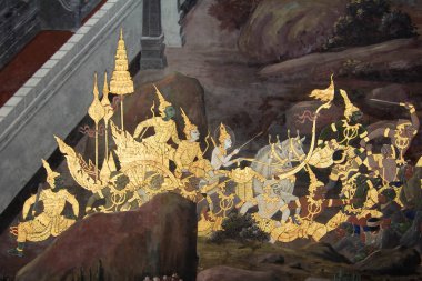 Bangkok, THAILAND - Ocak 01: 2018. Bangkok 'taki Zümrüt Buda' nın (Wat Phra Kaew) duvarındaki resim..