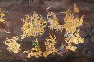 Bangkok, THAILAND - Ocak 01: 2018. Bangkok 'taki Zümrüt Buda' nın (Wat Phra Kaew) duvarındaki resim..