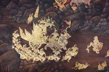 Bangkok, THAILAND - Ocak 01: 2018. Bangkok 'taki Zümrüt Buda' nın (Wat Phra Kaew) duvarındaki resim..