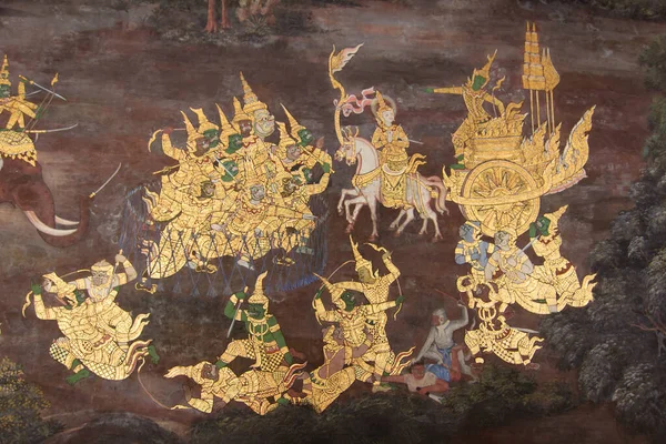 Bangkok Thailand Jan 2013 Painting Wall Ramayana Story Emerald Buddha — 图库照片