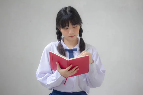 Ásia Tailandês Estudante Ensino Médio Uniforme Bela Menina Escreva Livro — Fotografia de Stock