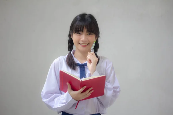 Asia Tailandesa Escuela Secundaria Estudiante Uniforme Hermosa Chica Escribir Libro —  Fotos de Stock
