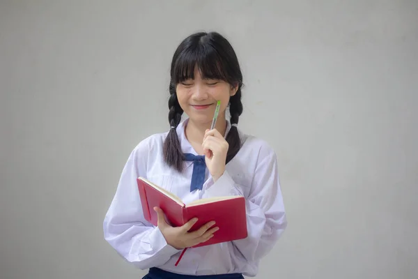 Azjatyckie Tajskie Liceum Student Mundur Piękna Dziewczyna Napisz Książkę — Zdjęcie stockowe