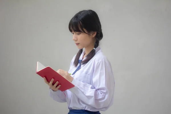 Ázsiai Thai Középiskola Diák Egyenruha Gyönyörű Lány Írj Egy Könyvet — Stock Fotó