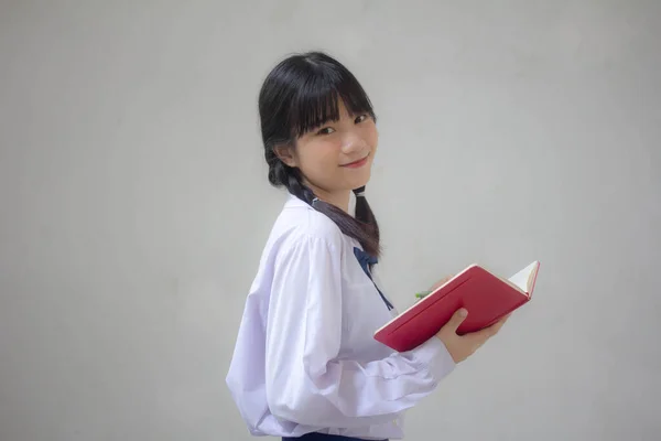 Ásia Tailandês Estudante Ensino Médio Uniforme Bela Menina Escreva Livro — Fotografia de Stock