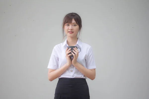 Portrait Von Thailändischen Erwachsenen Studenten Uniform Schönen Kaffee Trinken — Stockfoto