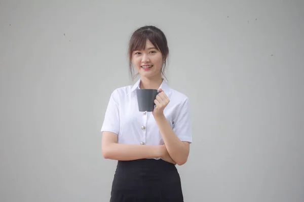 Portrait Thai Adult Student University Uniform Beautiful Drinking Coffee — Stock Photo, Image