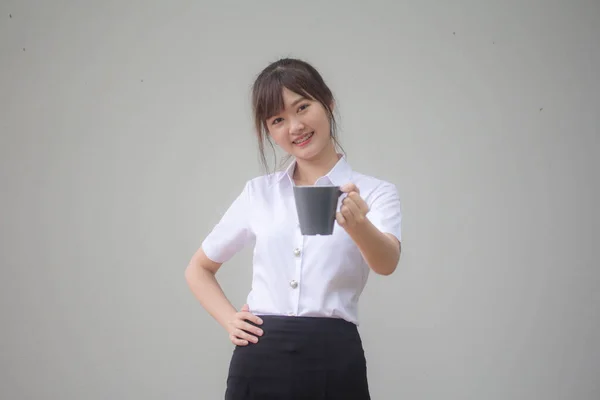 Portrait Thai Adult Student University Uniform Beautiful Drinking Coffee — Stock Photo, Image