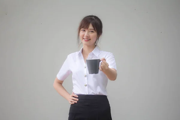 Portrait Thai Adult Student University Uniform Beautiful Drinking Coffee — Stock Photo, Image