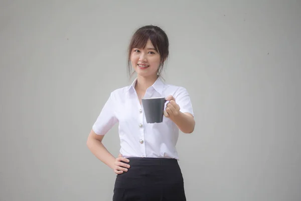 Portrait Thai Adult Student University Uniform Beautiful Drinking Coffee — Stock Photo, Image