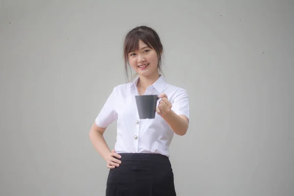 Portrait Thai Adult Student University Uniform Beautiful Drinking Coffee — Stock Photo, Image